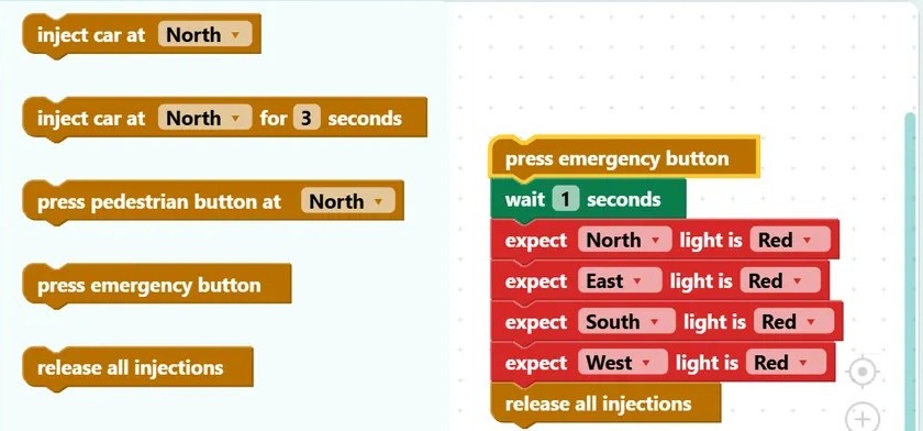 Blockly Inspector mode: a test that presses the emergency button and expects every light to turn red, with a scorecard