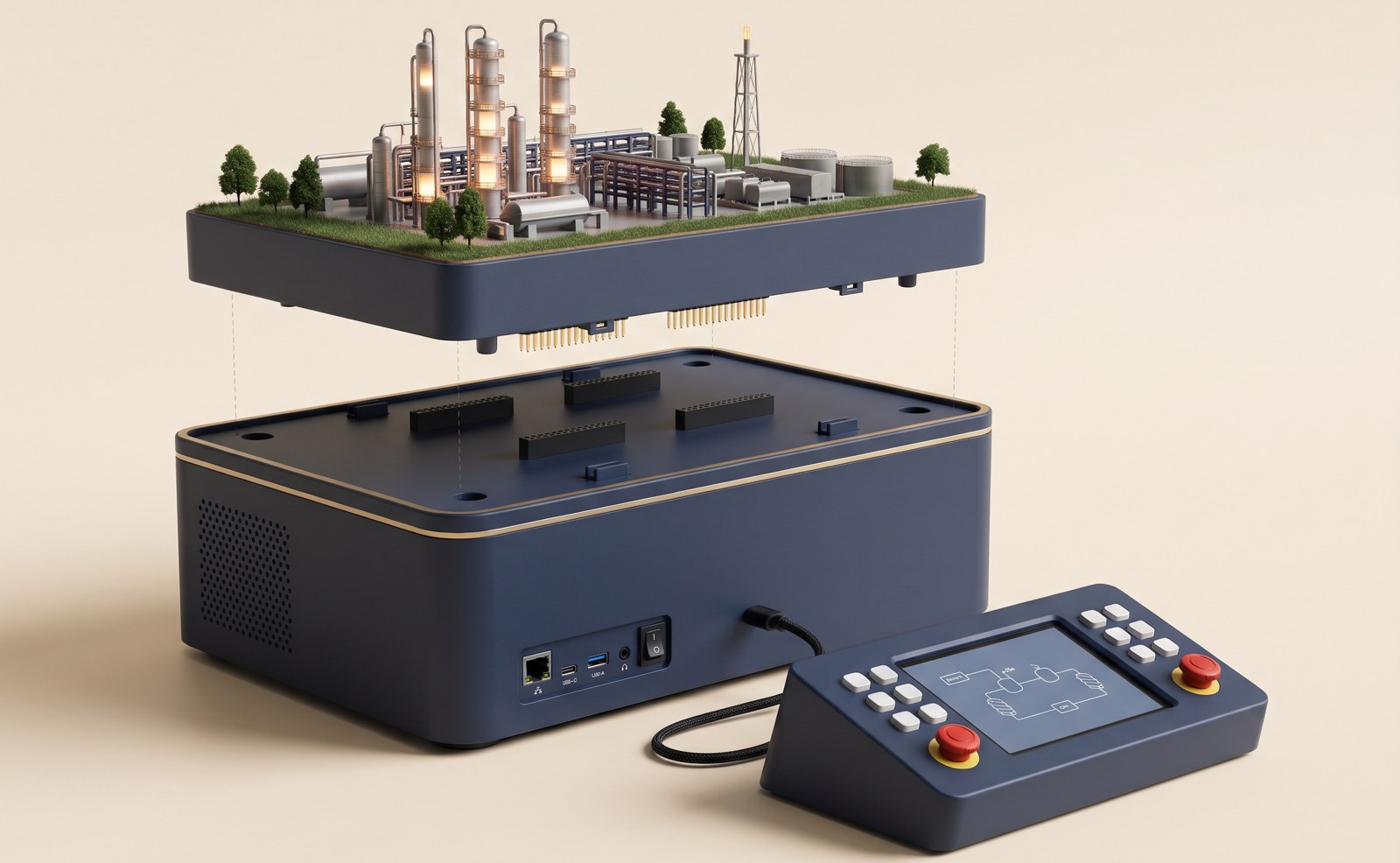 Exploded view of a CurioLabs unit: the Industry world lifted off the base, showing header pins that plug into sockets on the base, with the control console beside it