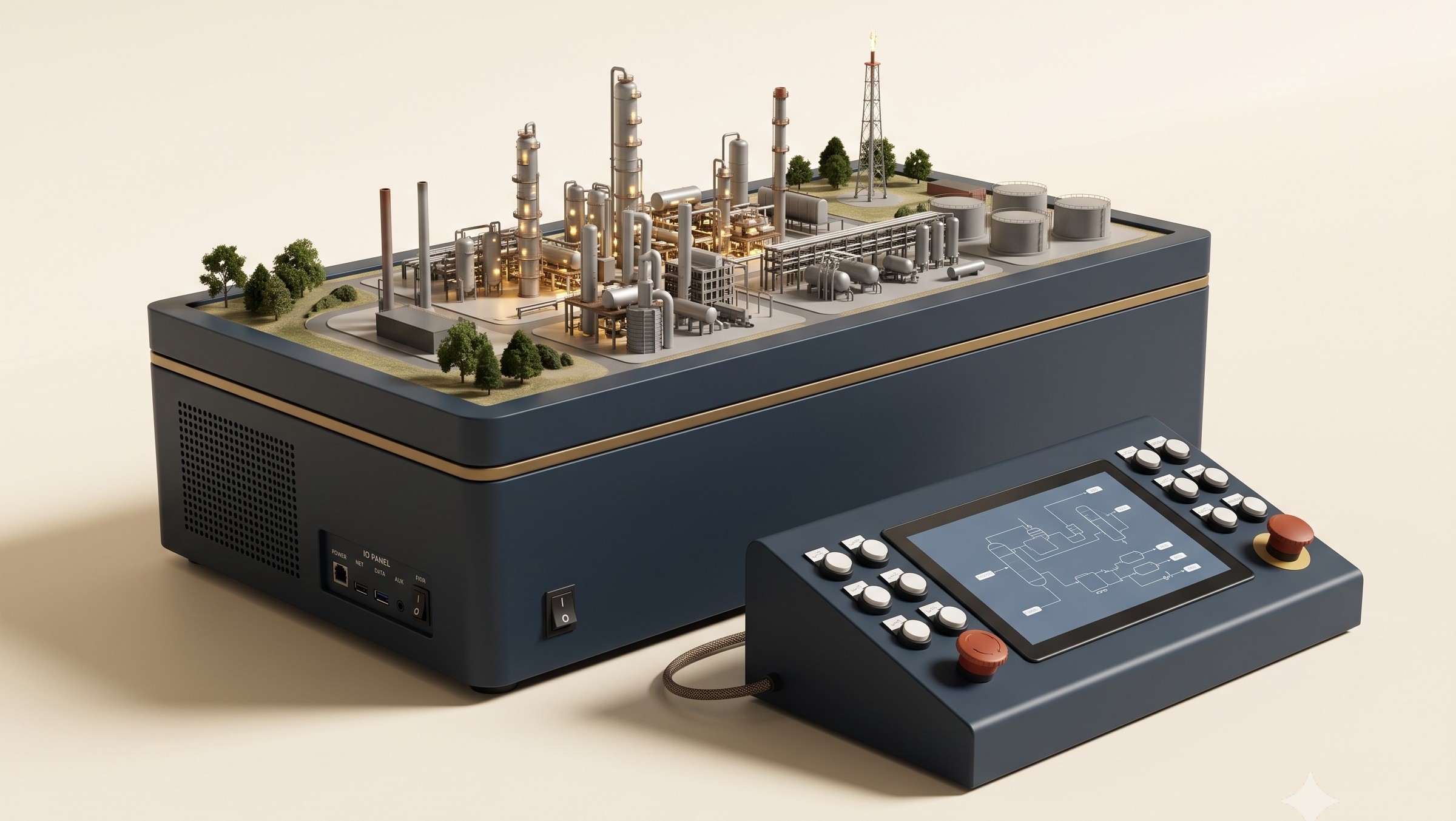 CurioLabs Industry world — a miniature process plant on its base unit, with the control console beside it