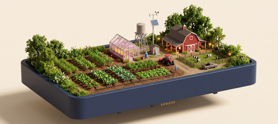 Agritech world: a smart farm with crop rows, drip lines, a greenhouse, a barn and cows
