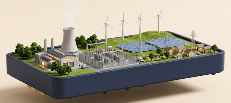 Energy world: a power station, substation, wind turbines, solar panels and a small town