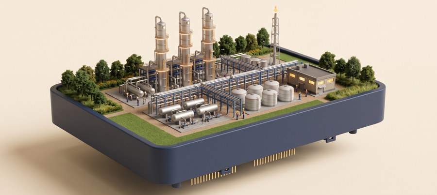 Industry world: a miniature process plant with glowing columns, pipe racks and storage tanks