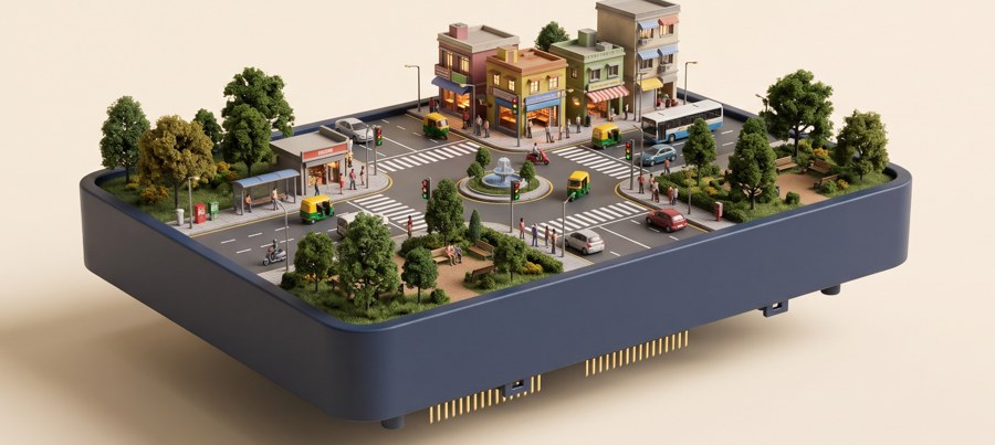 Traffic world: a miniature city crossroads with signals, zebra crossings, shops, auto-rickshaws and a bus