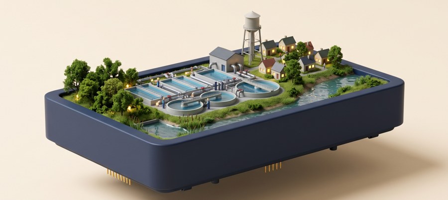 Water and sanitation world: treatment tanks, clarifiers, a water tower, houses and a river
